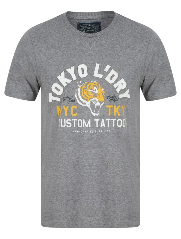 Tattoo Tiger Appliqué Motif Cotton Jersey T-Shirt in Mid Grey Marl - Tokyo Laundry sold by Tokyo Laundry