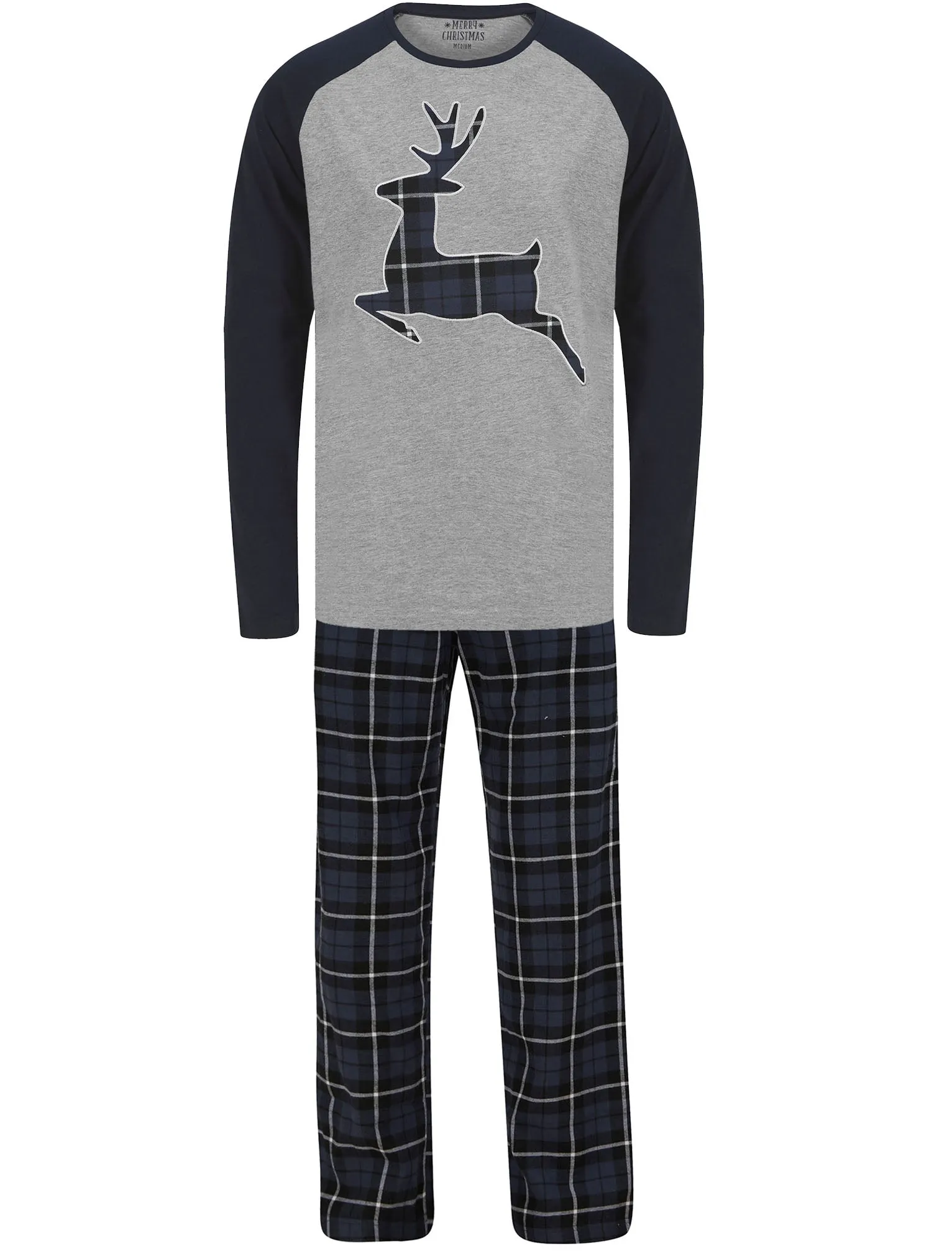 Men's Reindeer Applique 2pc Lounge Pyjama Set in Light Grey Marl / Navy Black Check - Merry Christmas sold by Tokyo Laundry