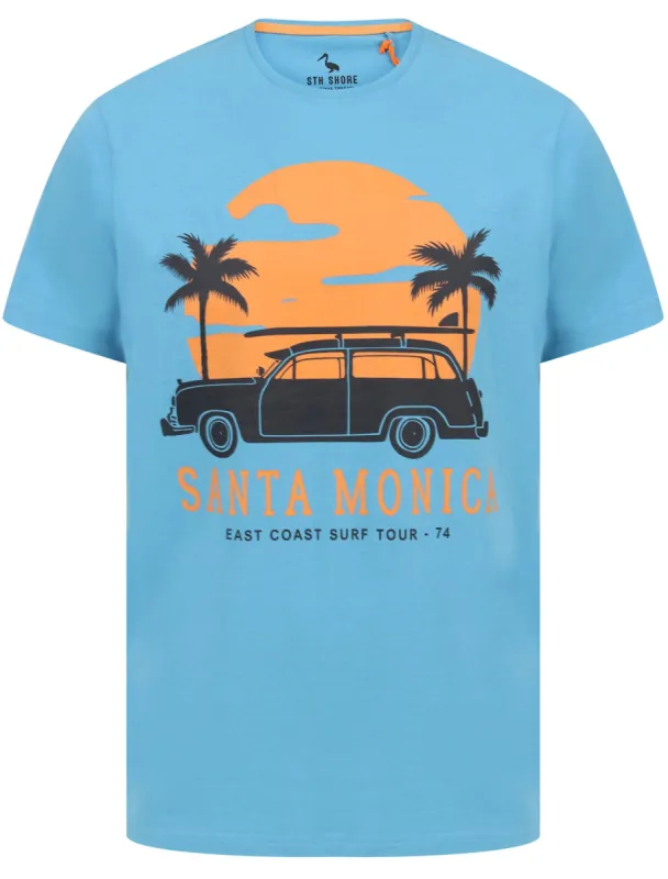 Santa Monica Motif Cotton Jersey T-Shirt in Azure Blue - South Shore made by Tokyo Laundry