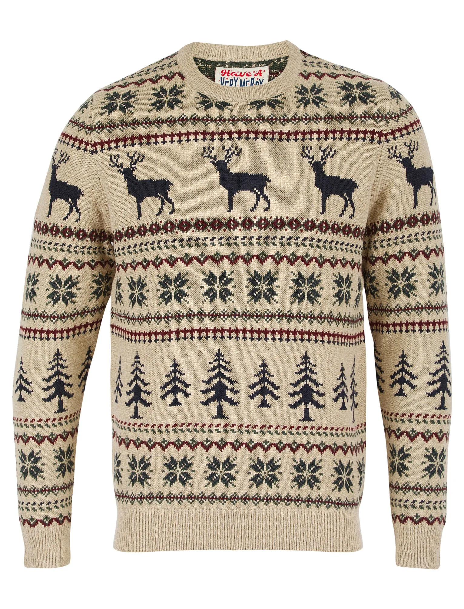 Men's Stag Jacquard Nordic Fair Isle Knitted Christmas Jumper in Biscuit Twist - Merry Christmas sold by Tokyo Laundry