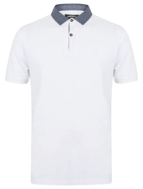 Norland Cotton Pique Polo Shirt with Chambray Collar in Bright White - Kensington Eastside sold by Tokyo Laundry