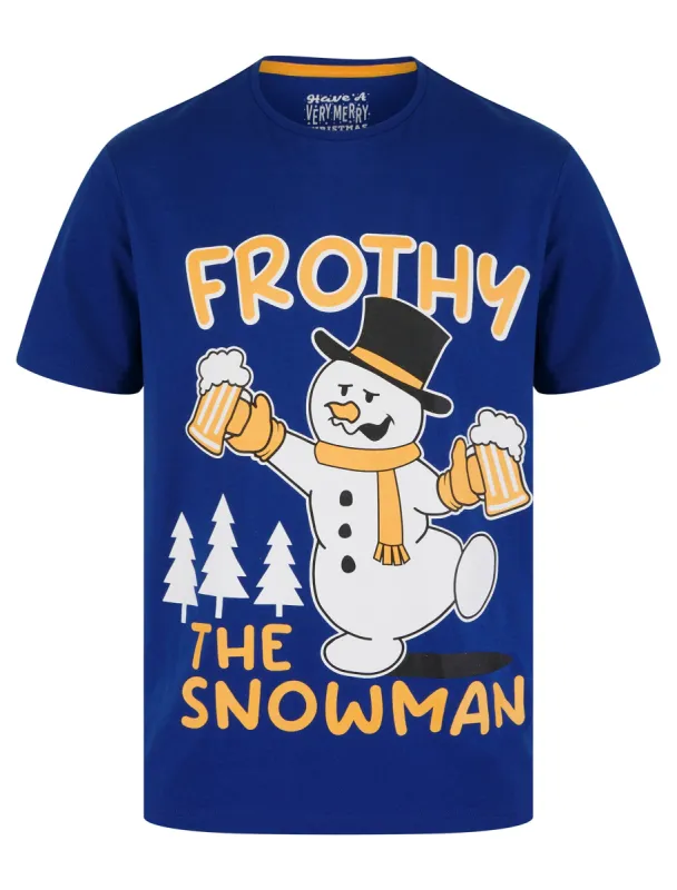 Men's Frothy Snowman Motif Novelty Cotton Christmas T-Shirt in Limoges Blue - Merry Christmas sold by Tokyo Laundry