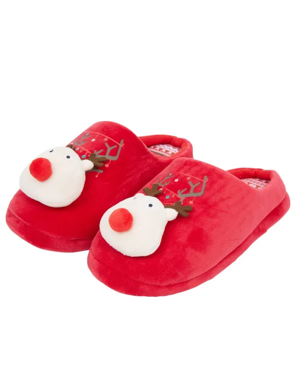 Women's Foxy 3D Rudolph Reindeer Christmas Mule Slippers in Red - Merry Christmas sold by Tokyo Laundry