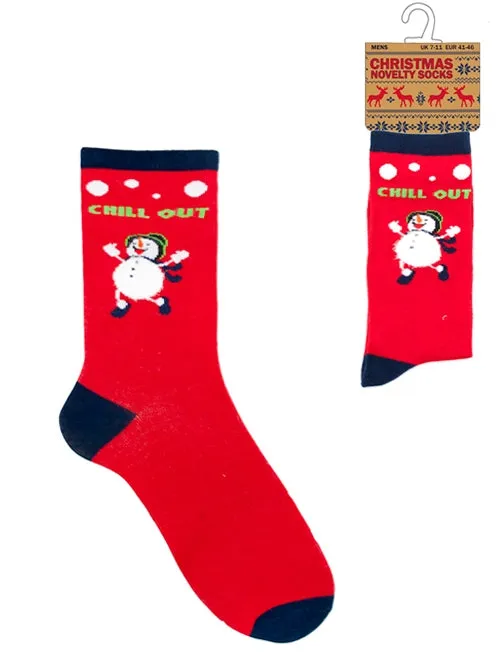 Mens Noel Chill Out Snowman Novelty Christmas Socks in Red sold by Tokyo Laundry