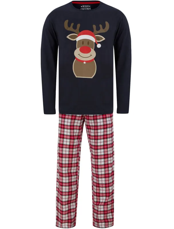 Men's Rudolph Motif 2pc Lounge Pyjama Set in Navy / White Red Check - Merry Christmas sold by Tokyo Laundry
