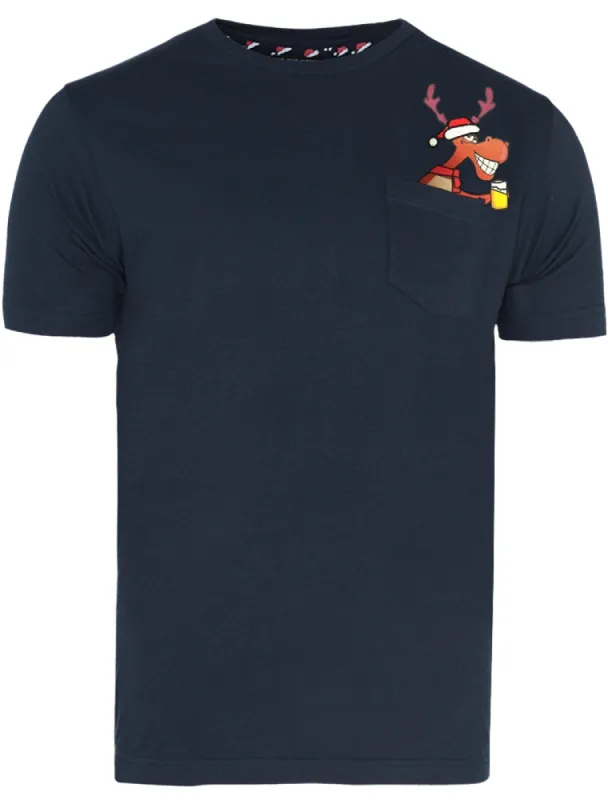 Blitzen Reindeer Novelty Christmas T-Shirt with Chest Pocket In Navy sold by Tokyo Laundry