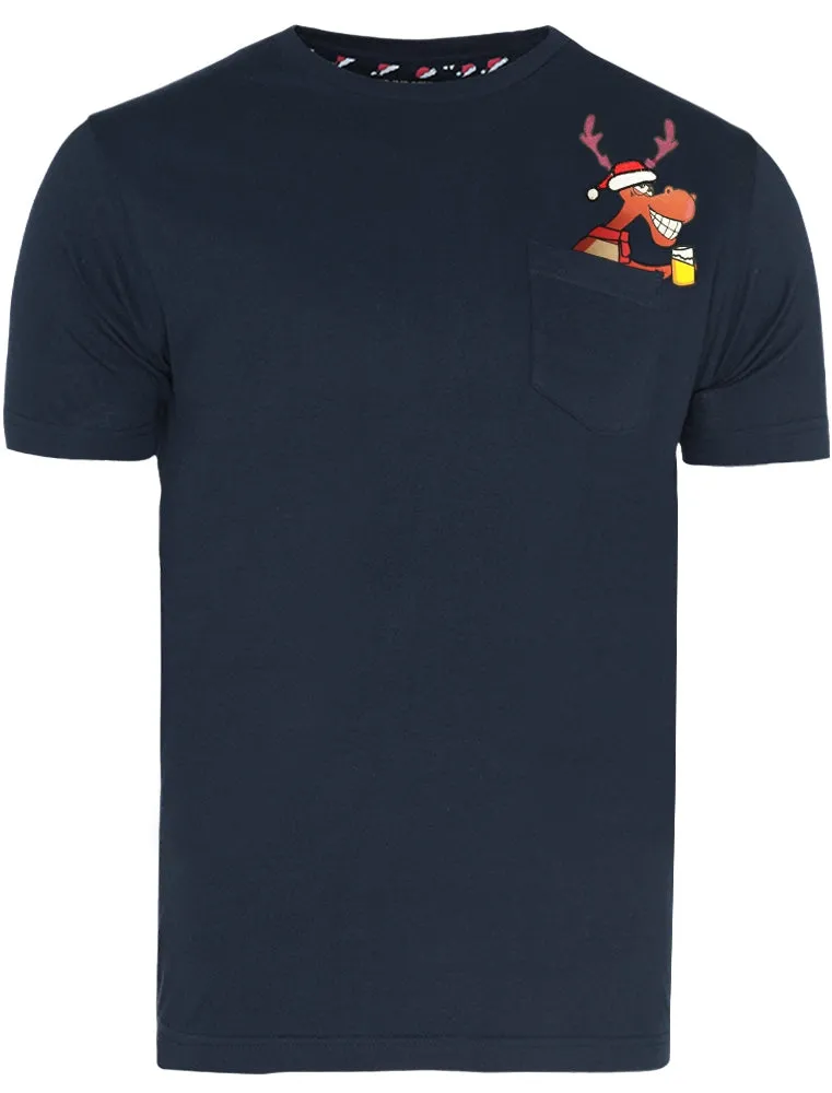 Blitzen Reindeer Novelty Christmas T-Shirt with Chest Pocket In Navy sold by Tokyo Laundry