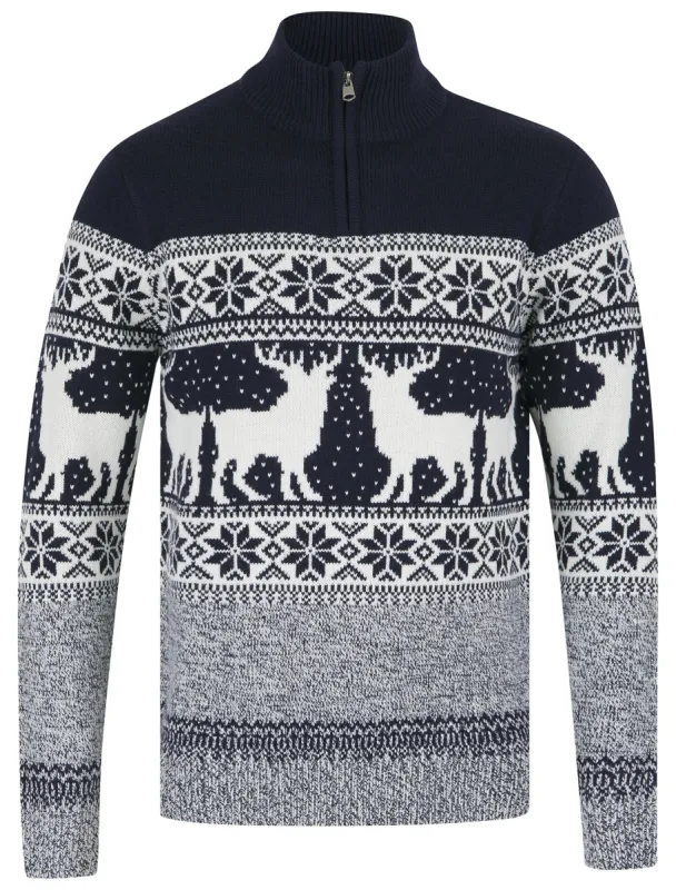 Men's Gullfoss 2 Nordic Fair Isle Jacquard Knit Jumper with Quarter Zip Funnel Neck in Ink - Merry Christmas sold by Tokyo Laundry