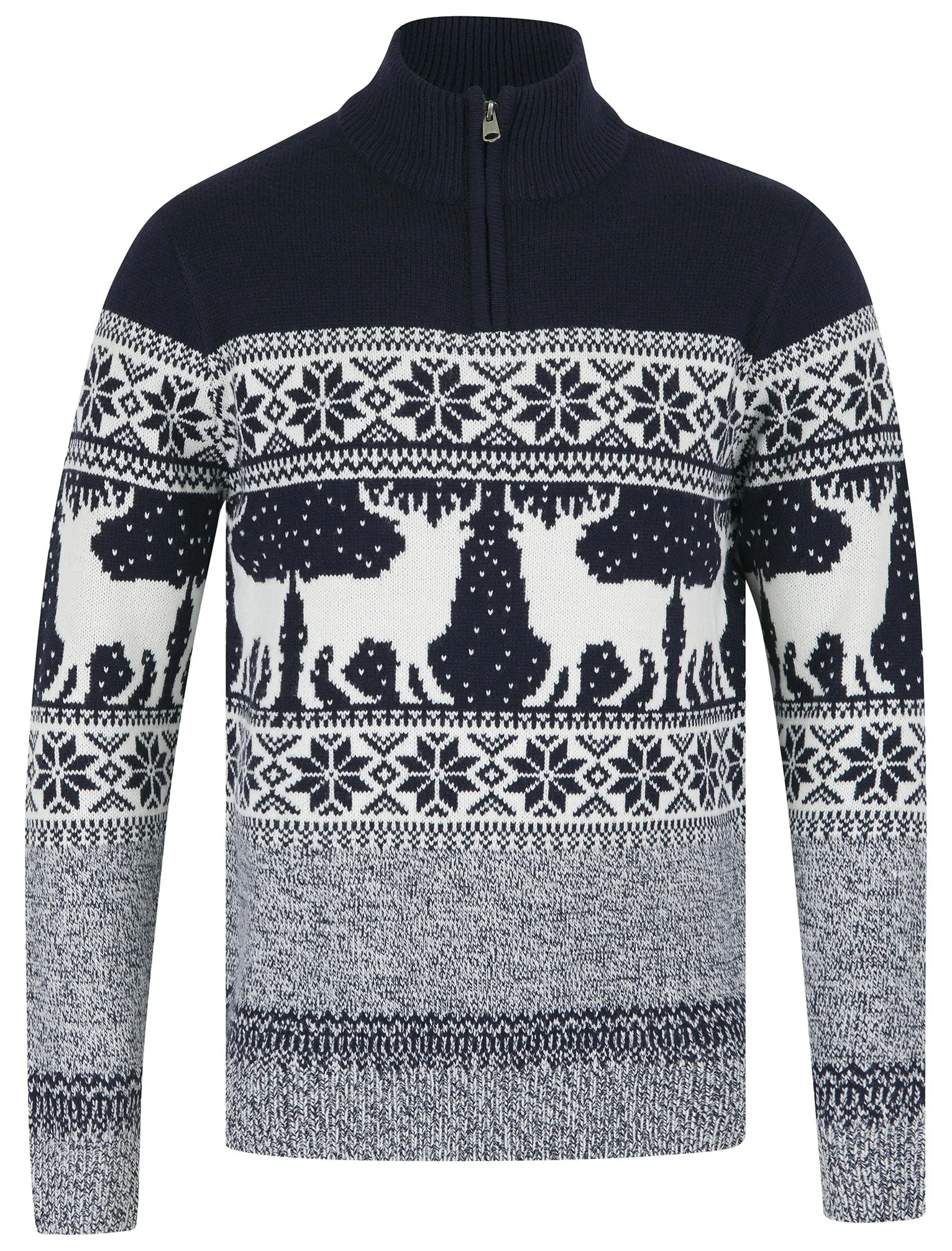 Men's Gullfoss 2 Nordic Fair Isle Jacquard Knit Jumper with Quarter Zip Funnel Neck in Ink - Merry Christmas sold by Tokyo Laundry