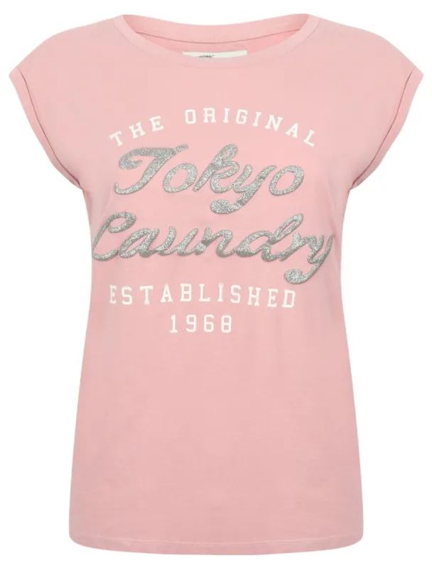 Cariana Cotton T-Shirt with Turn-Up Sleeves In Pink - Tokyo Laundry sold by Tokyo Laundry