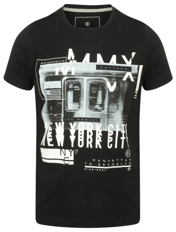 Platform Motif Print Cotton T-Shirt In Jet Black - Dissident sold by Tokyo Laundry