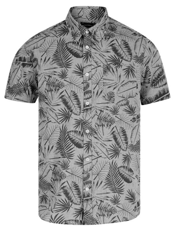 Kaveri Palm Leaf Print Short Sleeve Cotton Chambray Shirt in Light Grey - Tokyo Laundry sold by Tokyo Laundry