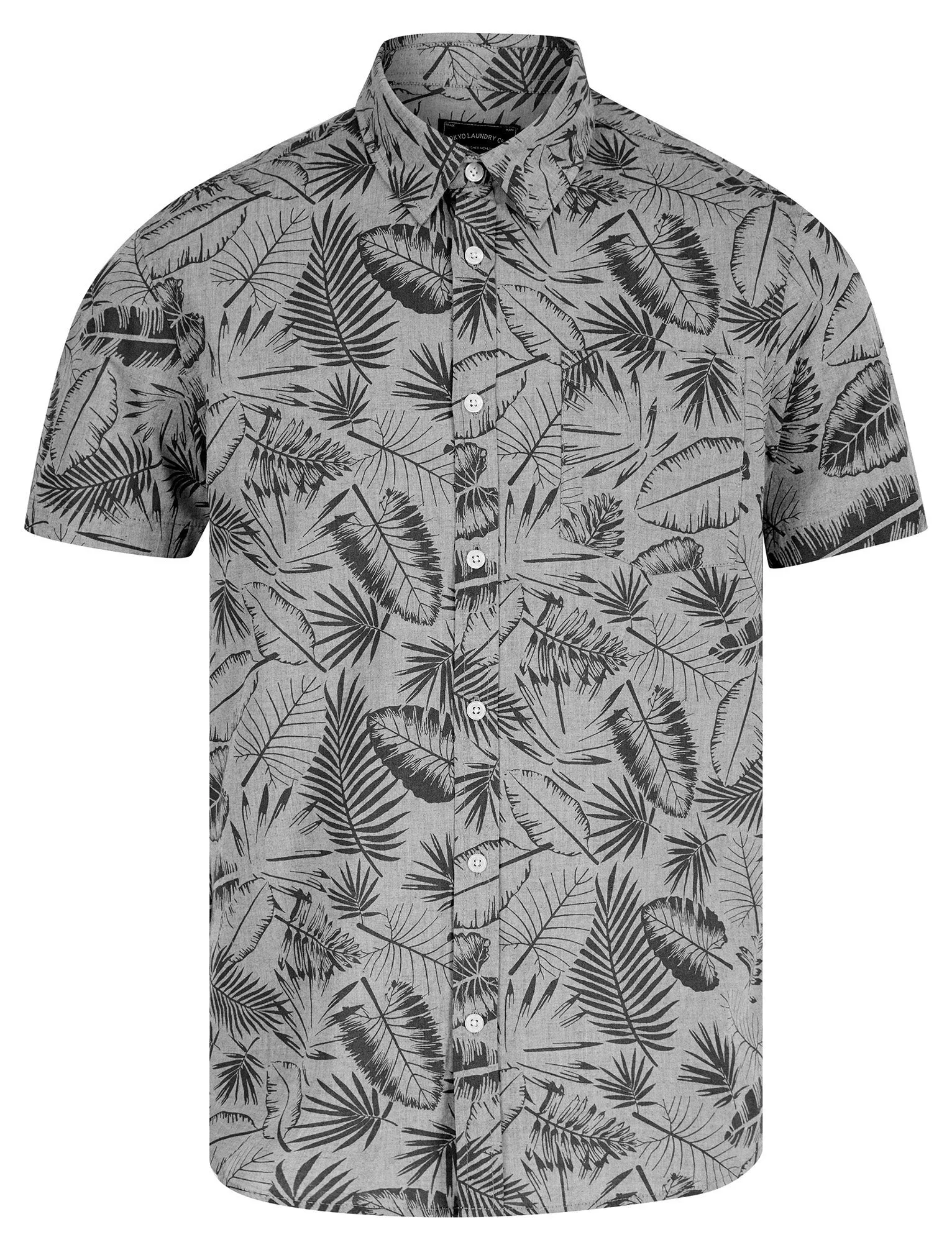 Kaveri Palm Leaf Print Short Sleeve Cotton Chambray Shirt in Light Grey - Tokyo Laundry sold by Tokyo Laundry
