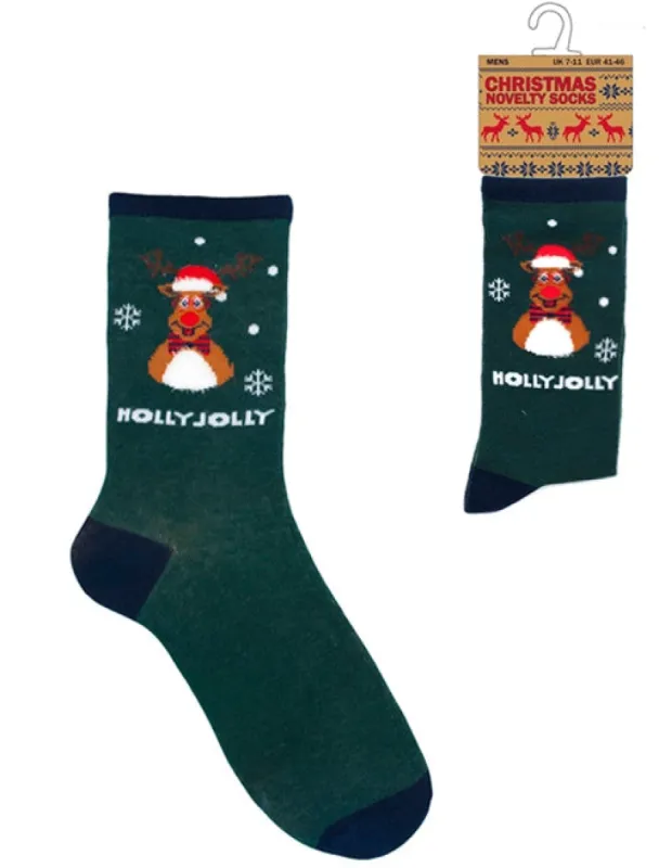 Mens Noel Holly Jolly Novelty Christmas Socks in Green sold by Tokyo Laundry