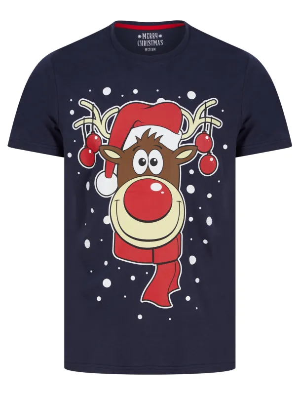 Men's Rudolph Snowflake Motif Novelty Cotton Christmas T-Shirt in Peacoat Blue - Merry Christmas sold by Tokyo Laundry