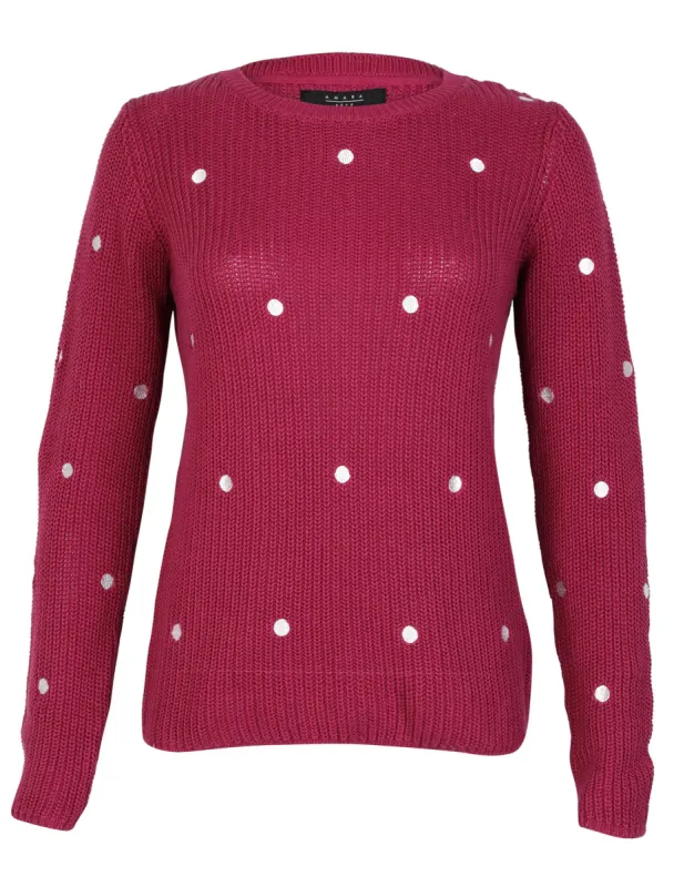 Balsam Crew Neck Rib Knit Polka Dot Jumper in Damson - Amara Reya sold by Tokyo Laundry