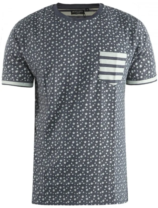 Ara Stars & Stripe Print Crew Neck  T-Shirt in Denim Blue Marl sold by Tokyo Laundry