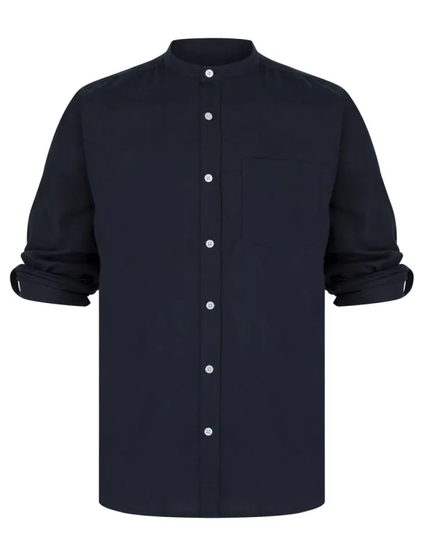Gosier Grandad Collar Long Sleeve Cotton Linen Shirt in Sky Captain Navy - Tokyo Laundry sold by Tokyo Laundry
