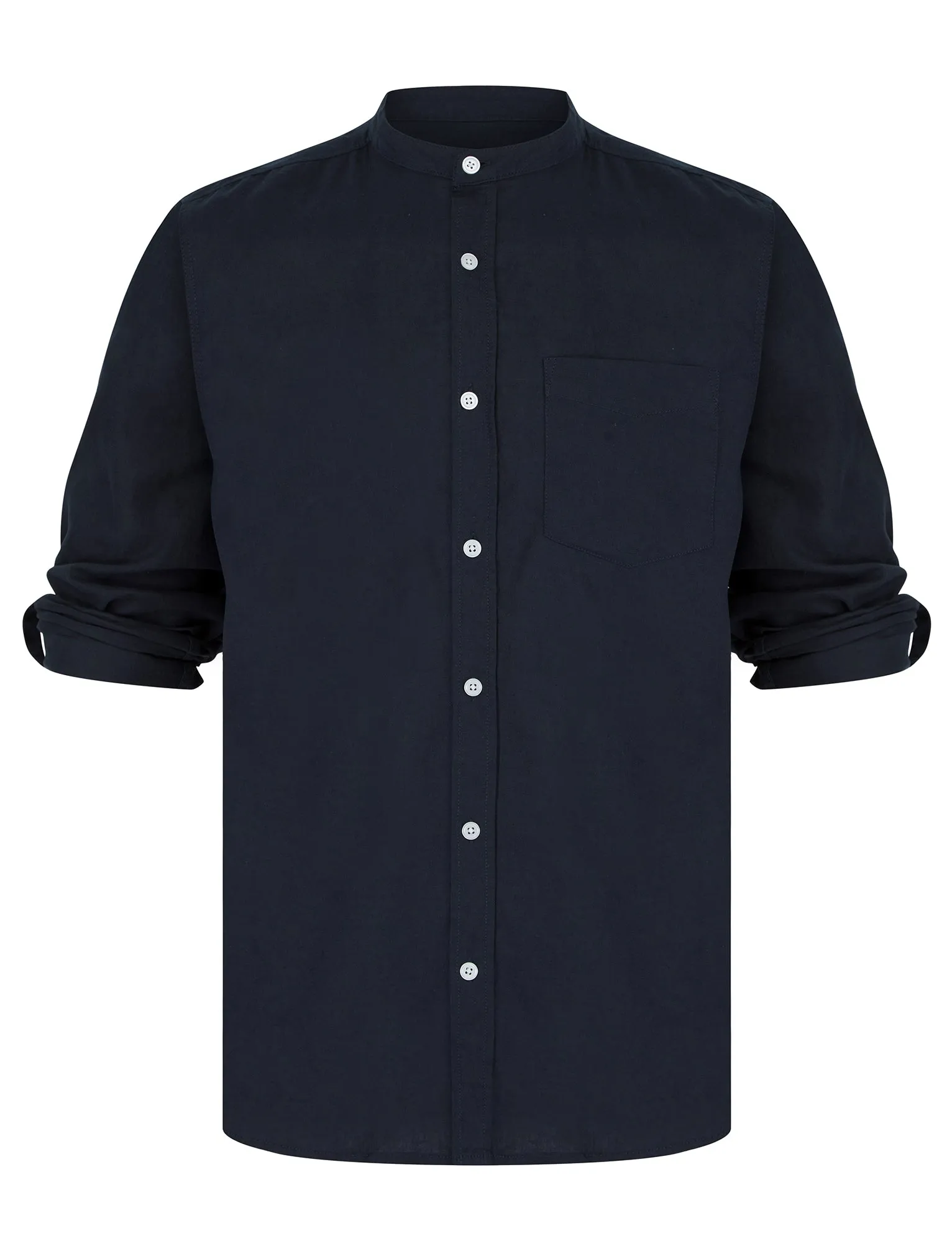 Gosier Grandad Collar Long Sleeve Cotton Linen Shirt in Sky Captain Navy - Tokyo Laundry sold by Tokyo Laundry