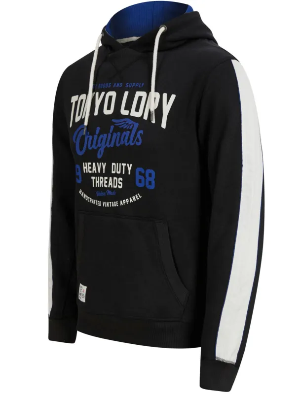 Travel Motif Brushback Fleece Pullover Hoodie with Tape Detail in Jet Black - Tokyo Laundry sold by Tokyo Laundry
