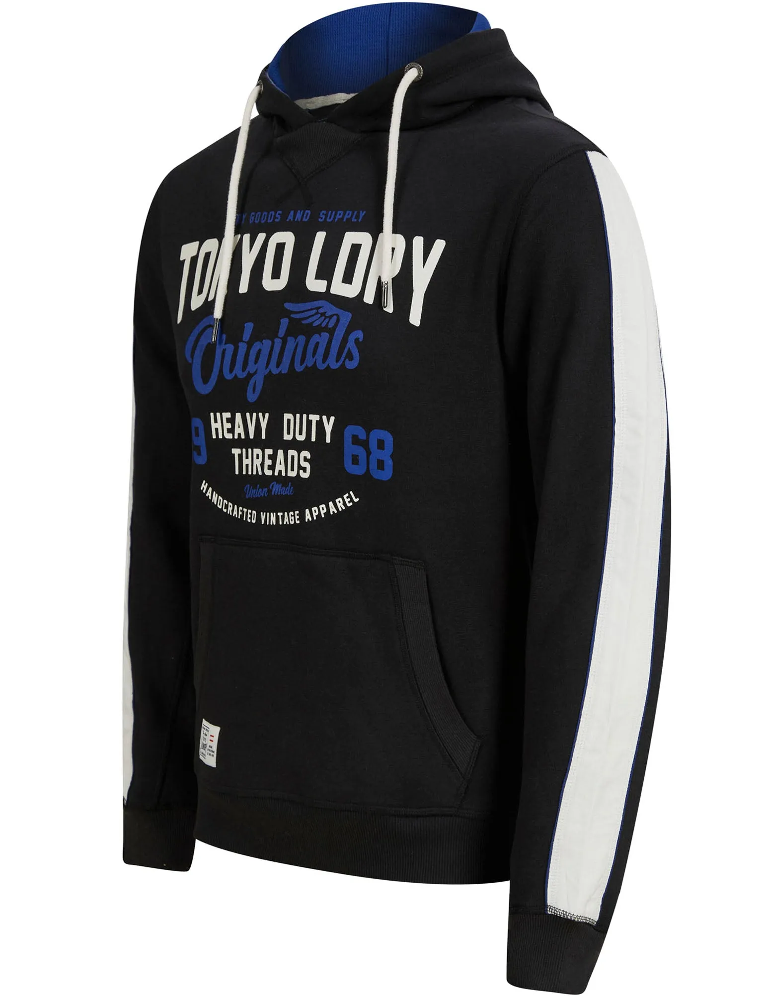 Travel Motif Brushback Fleece Pullover Hoodie with Tape Detail in Jet Black - Tokyo Laundry sold by Tokyo Laundry