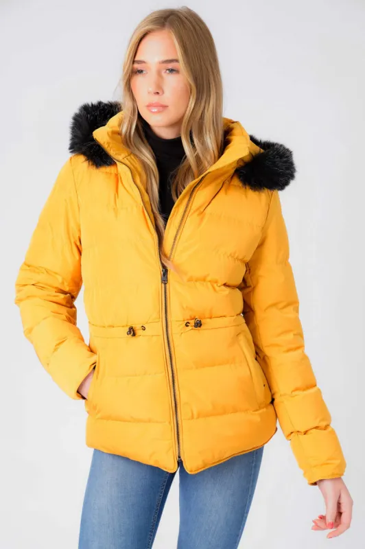 Jasmin Quilted Puffer Jacket With Faux Fur Trim Hood In Old Gold - Tokyo Laundry sold by Tokyo Laundry