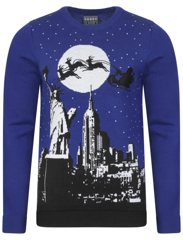 New York Eve Christmas Jumper in Sapphire - Season’s Greetings sold by Tokyo Laundry