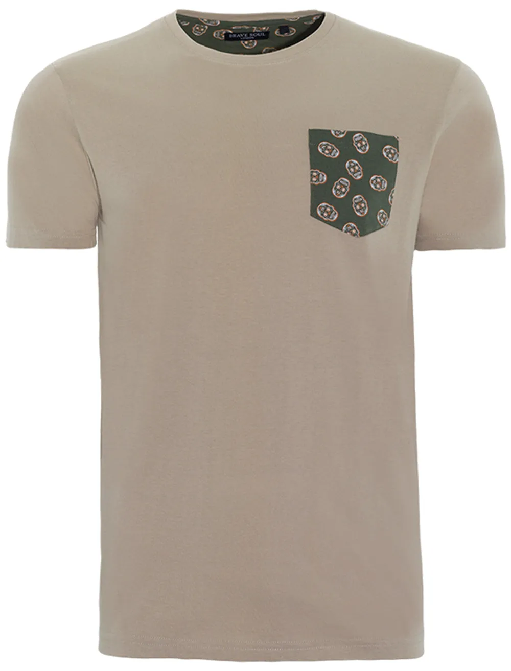 Mexico Crew Neck T-Shirt with Skull Print Pocket in Brown sold by Tokyo Laundry