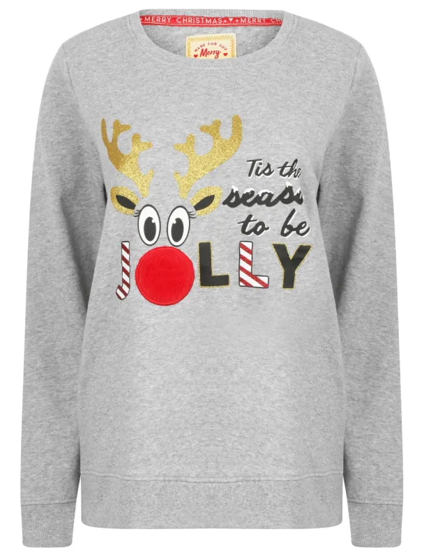 Women's Xmas Jolly Glitter Motif Novelty Christmas Sweatshirt In Light Grey Marl sold by Tokyo Laundry