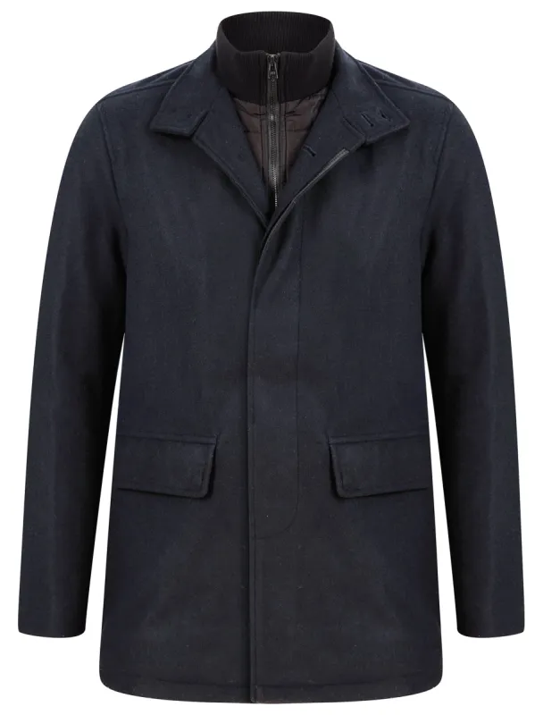 Indus Wool Look Funnel Neck Collar Tailored Coat with Quilted Mock Insert in Navy - Tokyo Laundry sold by Tokyo Laundry