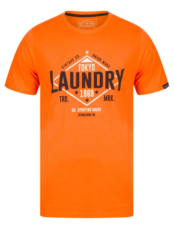 Elite Vintage Cracked Print Motif Cotton Jersey T-Shirt in Golden Poppy Orange - Tokyo Laundry sold by Tokyo Laundry