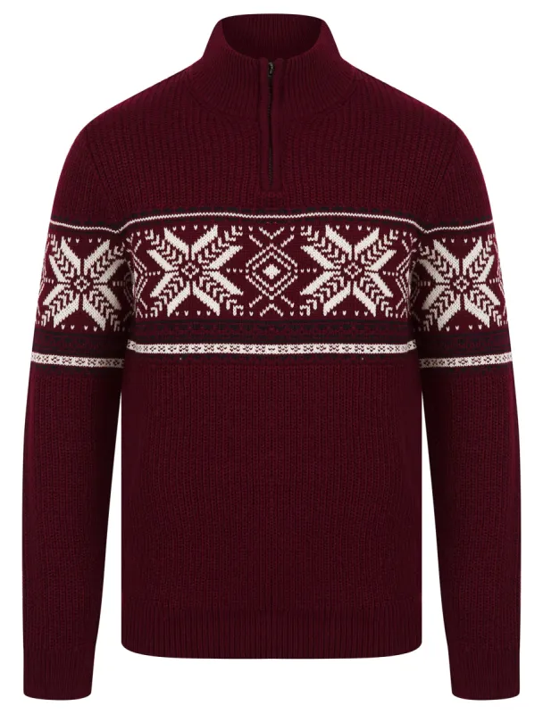 Men's Gacy Nordic Fair Isle Jacquard Knit Christmas Jumper with Quarter Zip Funnel Neck in Claret - Merry Christmas sold by Tokyo Laundry