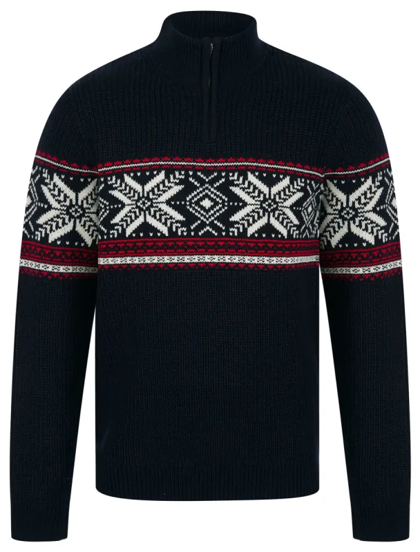 Men's Gacy Nordic Fair Isle Jacquard Knit Christmas Jumper with Quarter Zip Funnel Neck in Ink - Merry Christmas sold by Tokyo Laundry