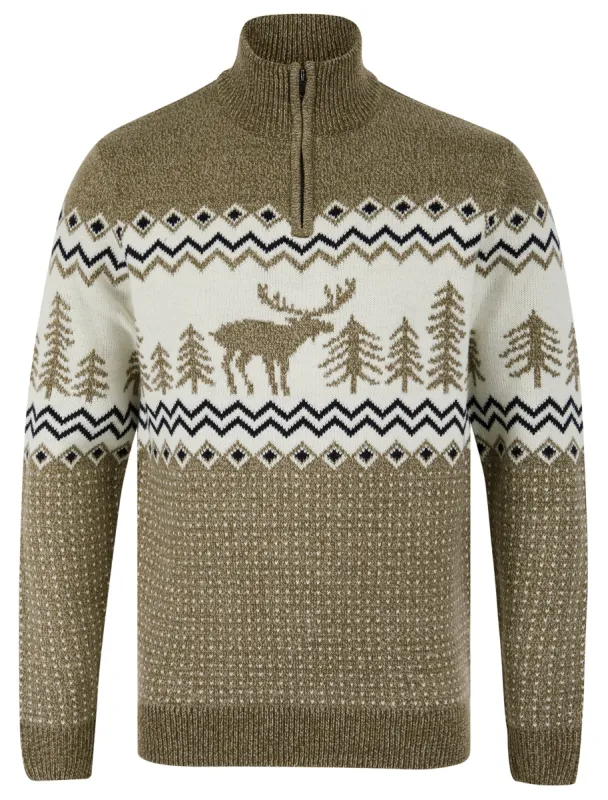 Men's Hindley Nordic Fair Isle Jacquard Knit Christmas Jumper with Quarter Zip Funnel Neck in Truffle Twist - Merry Christmas sold by Tokyo Laundry