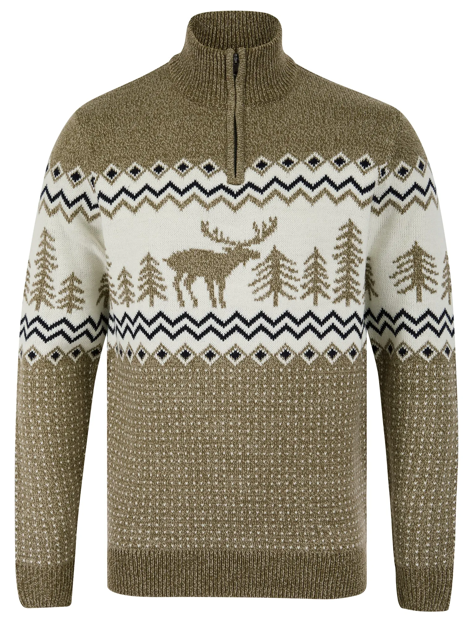 Men's Hindley Nordic Fair Isle Jacquard Knit Christmas Jumper with Quarter Zip Funnel Neck in Truffle Twist - Merry Christmas sold by Tokyo Laundry