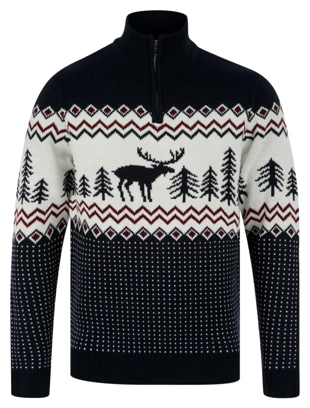 Men's Hindley Nordic Fair Isle Jacquard Knit Christmas Jumper with Quarter Zip Funnel Neck in Ink - Merry Christmas sold by Tokyo Laundry