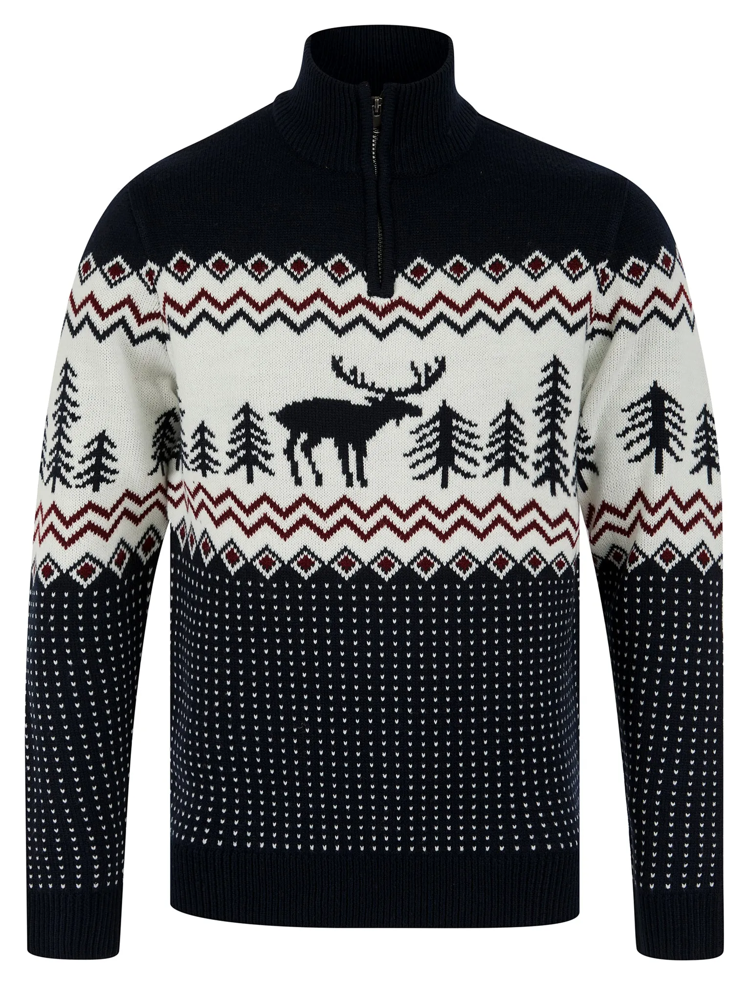 Men's Hindley Nordic Fair Isle Jacquard Knit Christmas Jumper with Quarter Zip Funnel Neck in Ink - Merry Christmas sold by Tokyo Laundry