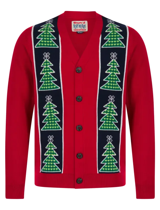 Men's Osier Christmas Tree Pattern Novelty Knitted Christmas Cardigan in George Red - Merry Christmas sold by Tokyo Laundry