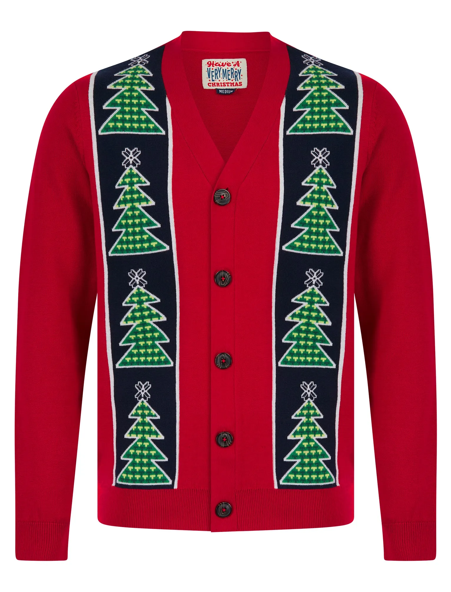 Men's Osier Christmas Tree Pattern Novelty Knitted Christmas Cardigan in George Red - Merry Christmas sold by Tokyo Laundry