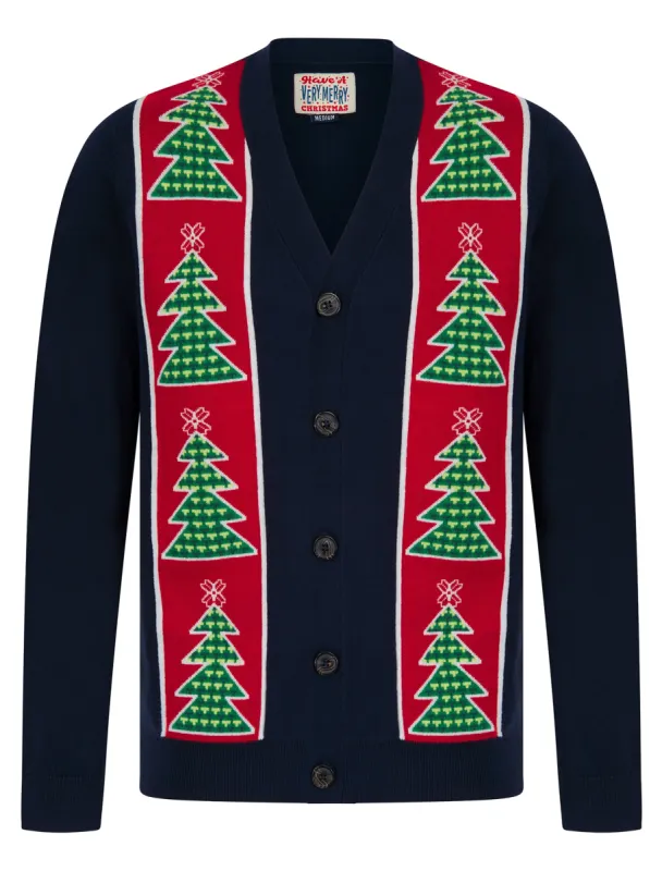 Men's Osier Christmas Tree Pattern Novelty Knitted Christmas Cardigan in Ink - Merry Christmas sold by Tokyo Laundry