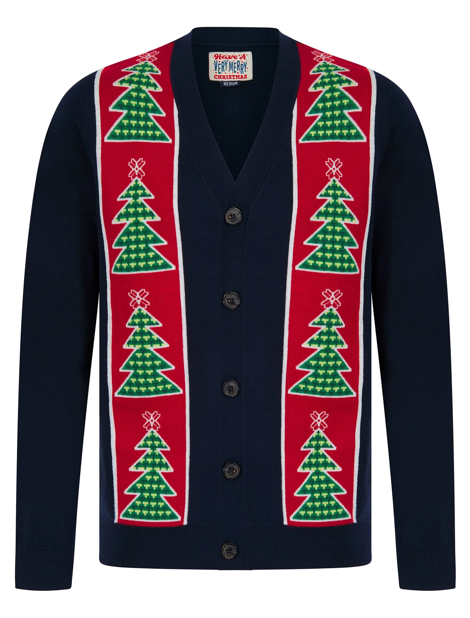 Men's Osier Christmas Tree Pattern Novelty Knitted Christmas Cardigan in Ink - Merry Christmas sold by Tokyo Laundry