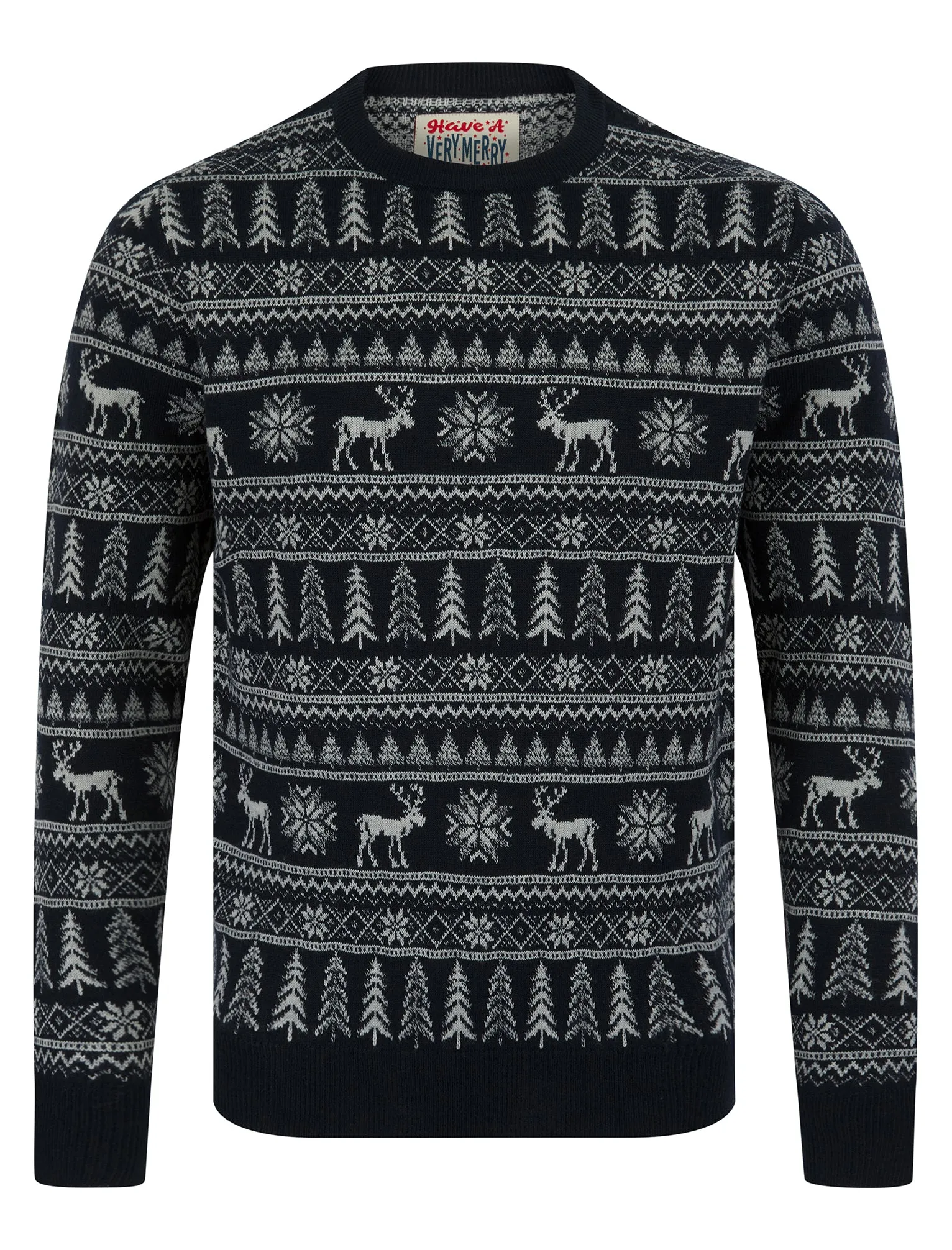 Nilsen Jacquard Nordic Fair isle Christmas Jumper in Ink - Merry Christmas sold by Tokyo Laundry