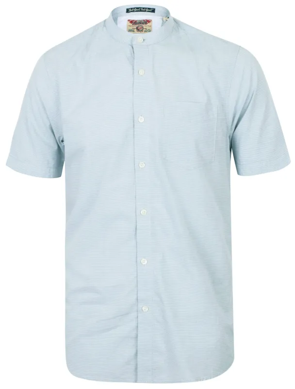 Scandi Grandad Collar Short Sleeve Striped Shirt In Pearl Blue - Tokyo Laundry sold by Tokyo Laundry