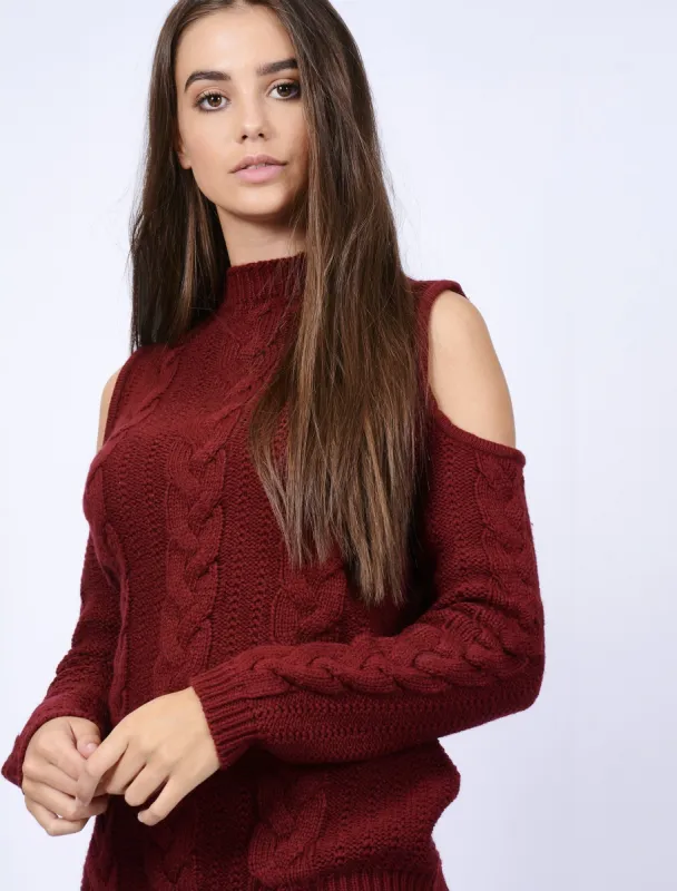 Serenity Turtle Neck Jumper with Cold Shoulder in Dark Ruby - Tokyo Laundry made by Tokyo Laundry