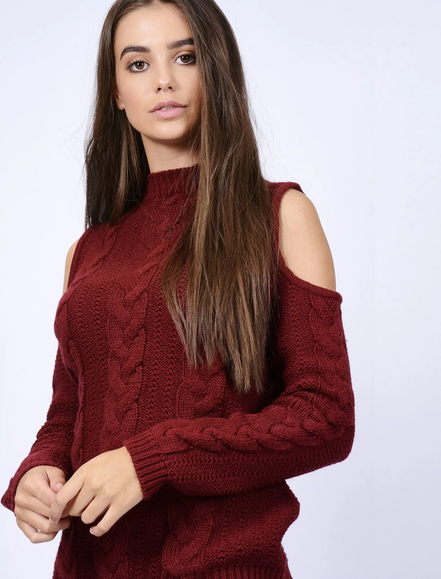 Serenity Turtle Neck Jumper with Cold Shoulder in Dark Ruby - Tokyo Laundry sold by Tokyo Laundry