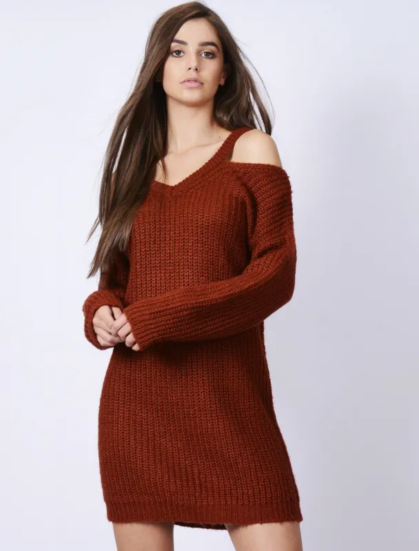 Broad Church Split Shoulder Longline Knitted Jumper in Red Liquor - Tokyo Laundry sold by Tokyo Laundry