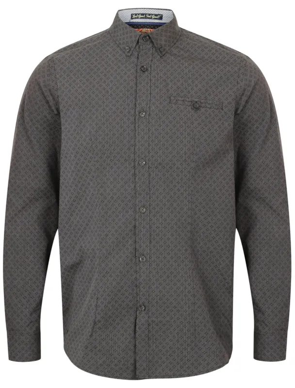Hollington Long Sleeve Cotton Shirt with Geo Print in Charcoal - Tokyo Laundry sold by Tokyo Laundry