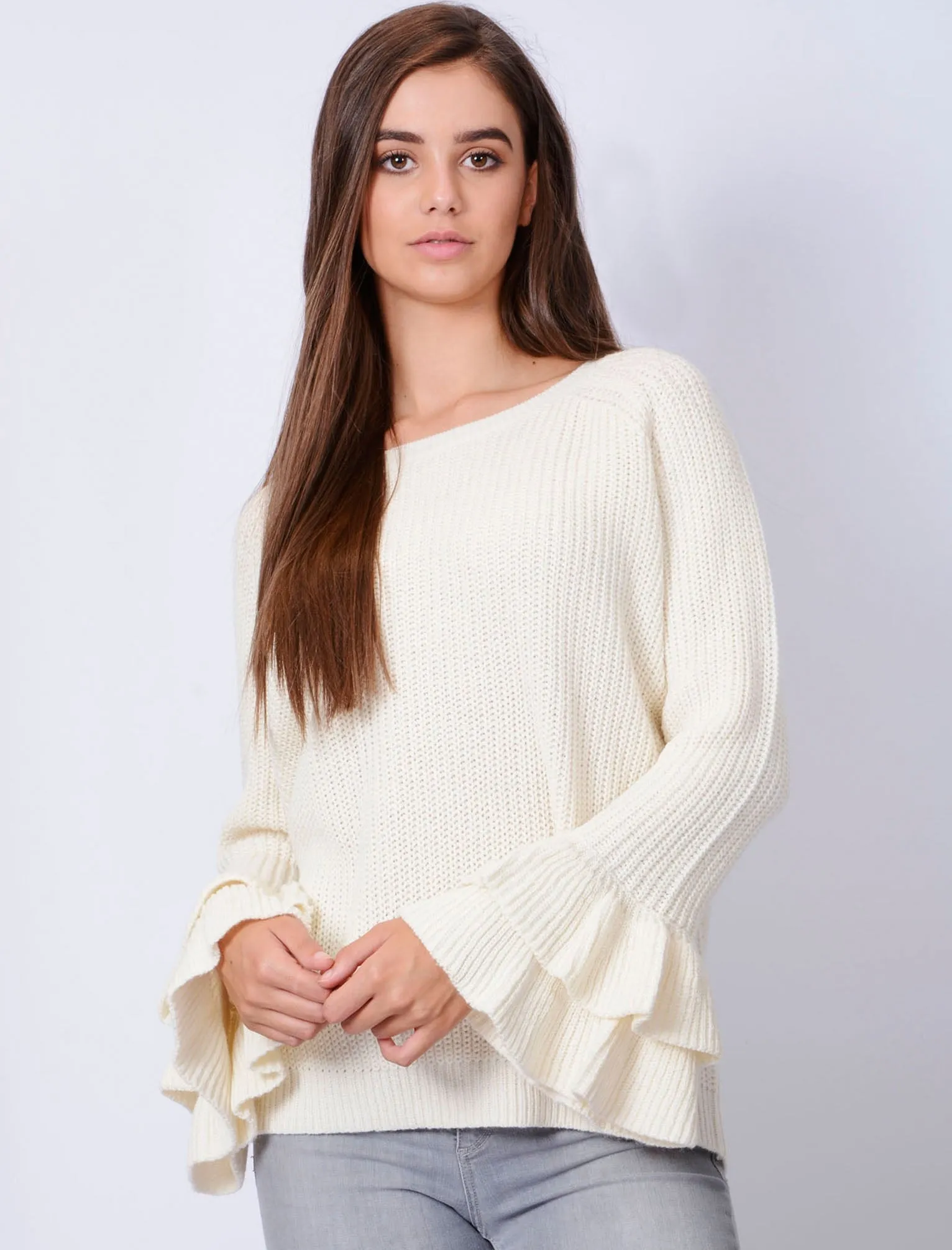 TL Ocean Jumper with Frill Sleeves in Clean Cream - Tokyo Laundry sold by Tokyo Laundry
