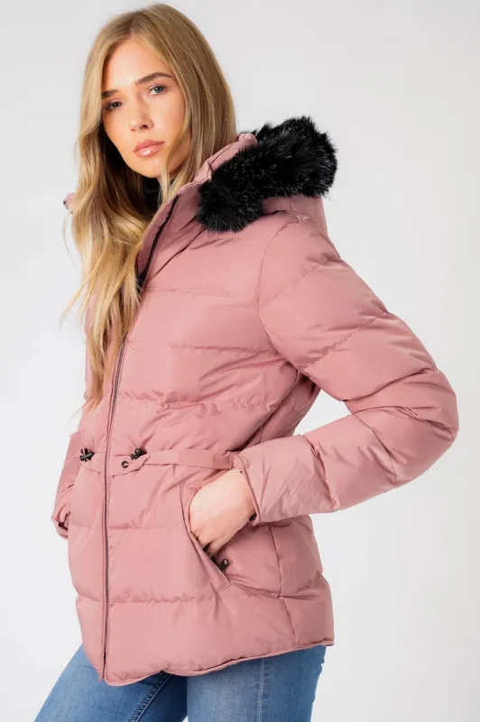 Jasmin Quilted Puffer Jacket With Faux Fur Trim Hood In Nostalgia Rose - Tokyo Laundry sold by Tokyo Laundry