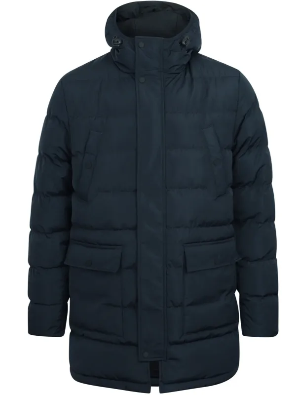 Edmonton Longline Quilted Puffer Coat with Hood In True Navy - Tokyo Laundry sold by Tokyo Laundry